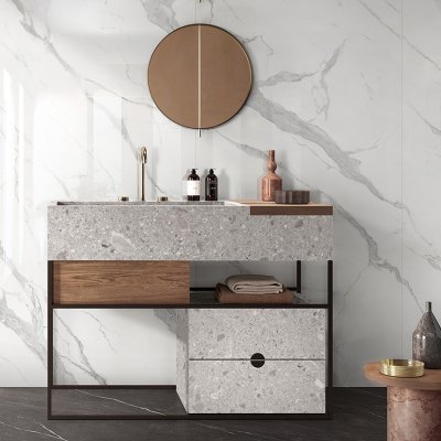 A Marble tile, white in color to suit Bathroom, Living, Kitchen/Laundry, Splashbacks