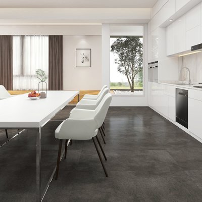 A Kitchen scene, beautifully tiled with stunning Brown Subway and Hexagon tiles
