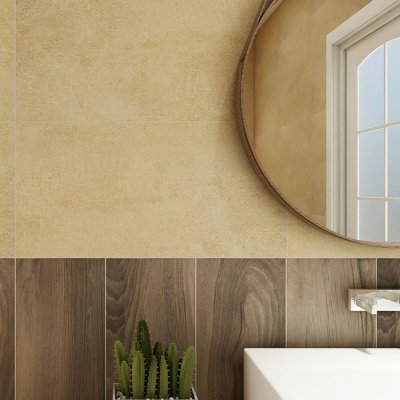 A bathroom scene, beautifully tiled with stunning Sand Subway and Hexagon tiles