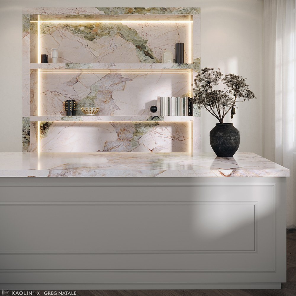 A marble tile, Mixed Colours in colour to suit Bathroom, Kitchen/Laundry, Living, Splashbacks, designed by Greg Natale.