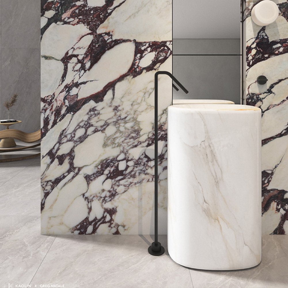 A marble tile, white with violet in color to suit any bathroom space, designed by Greg Natale.