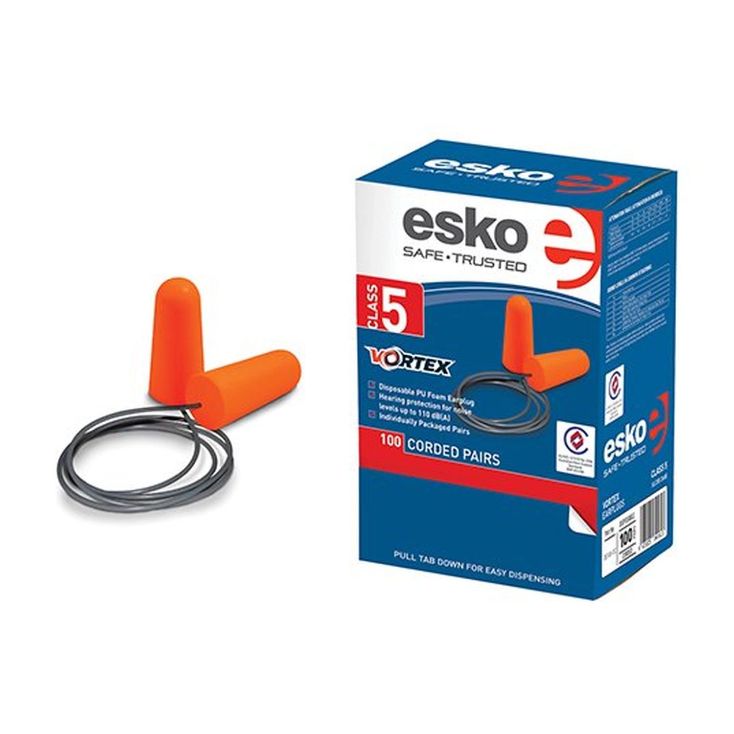Esko Vortex Corded Earplugs In Dispenser Box 100 Pairs