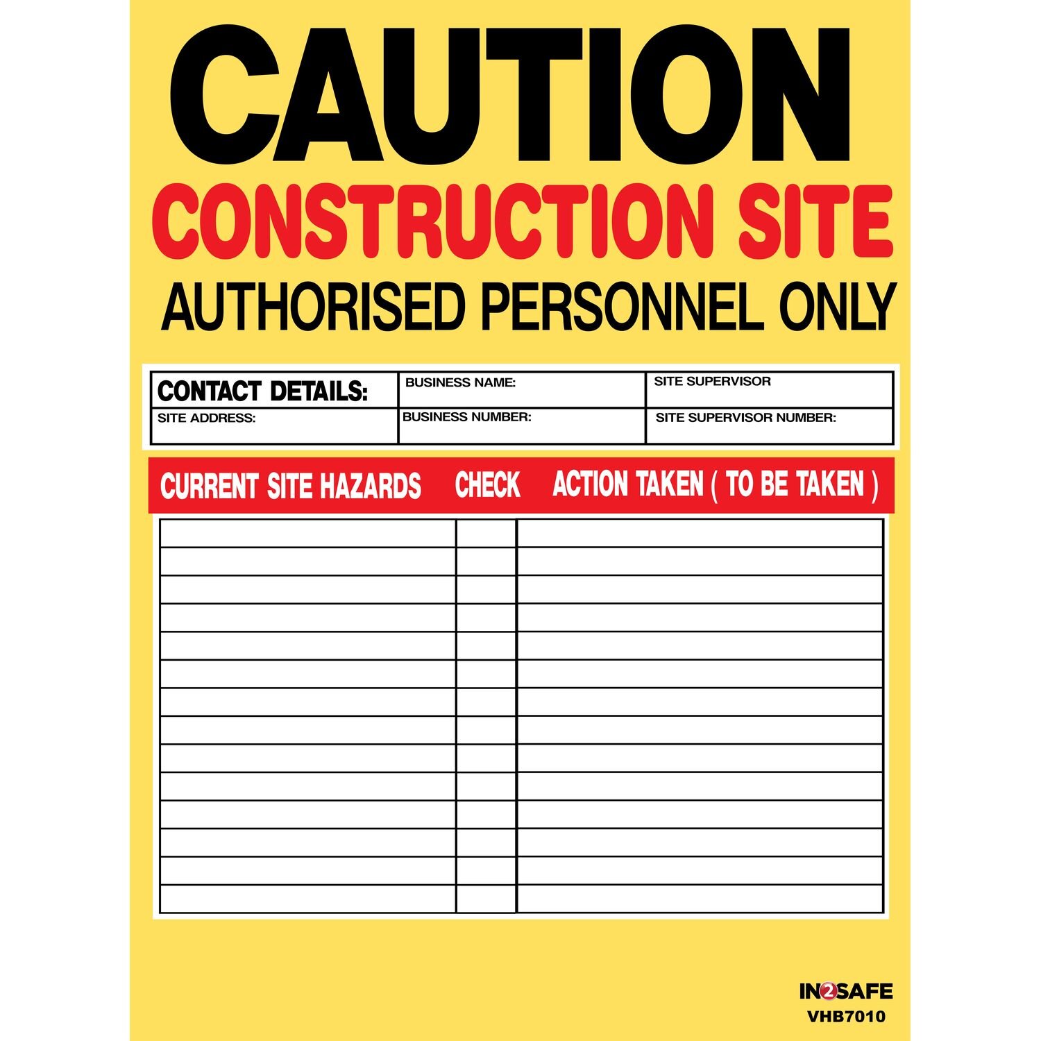 Caution Construction Site Hazard Board Whiteboard Finish