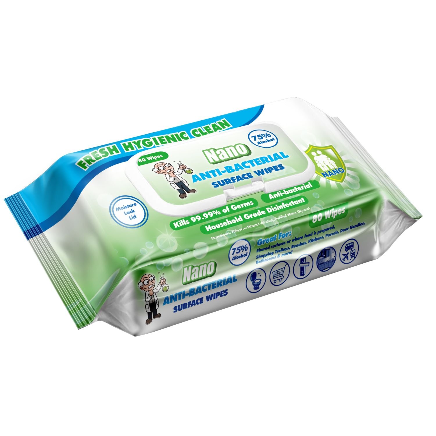 75% Alcohol Anti-Bacterial Surface Wipes Pkt 80