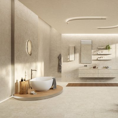 A stone tile, beige in color to suit Bathroom, Kitchen/Laundry, Living, Splashbacks