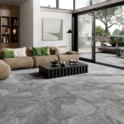 A living room scene, beautifully tiled with stunning Dreamy Antracite tiles
