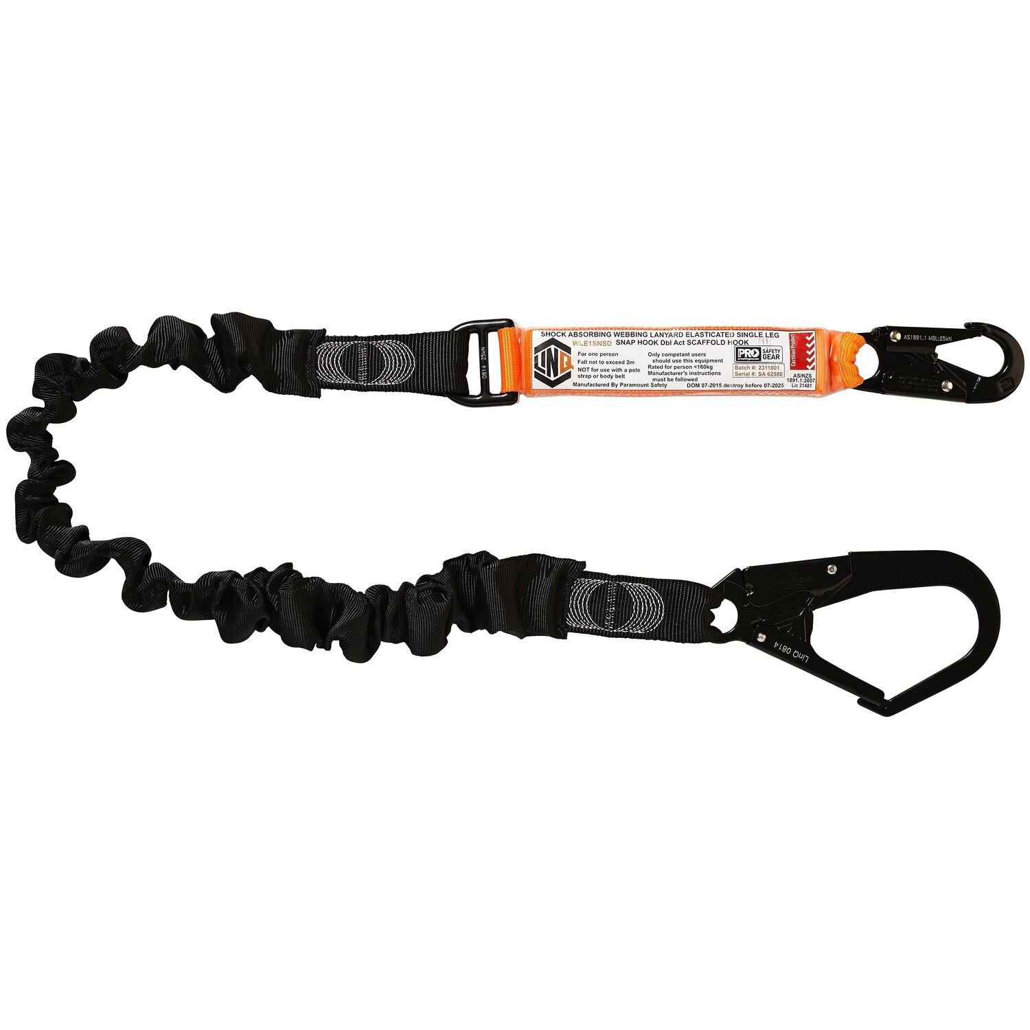 Elasticated Lanyard Single Leg, Snap/Scaff Hooks