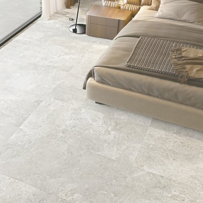 A living room scene, beautifully tiled with stunning Cosmic Pearl tile