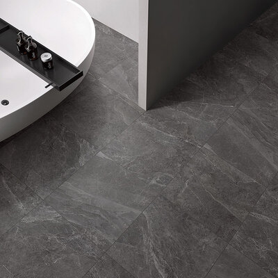 A bathroom scene, beautifully tiled with stunning Black SurfactTec, Matt, Lappato tiles