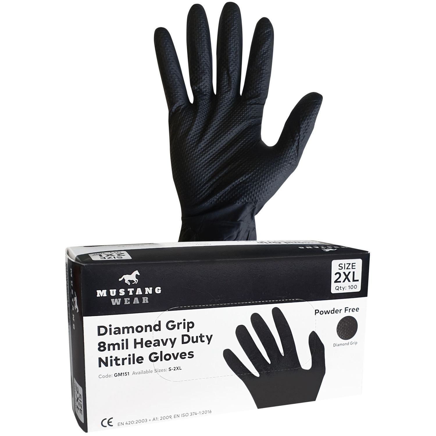 Mustang Wear Black Diamond Grip Heavy Duty Nitrile Gloves Box 100