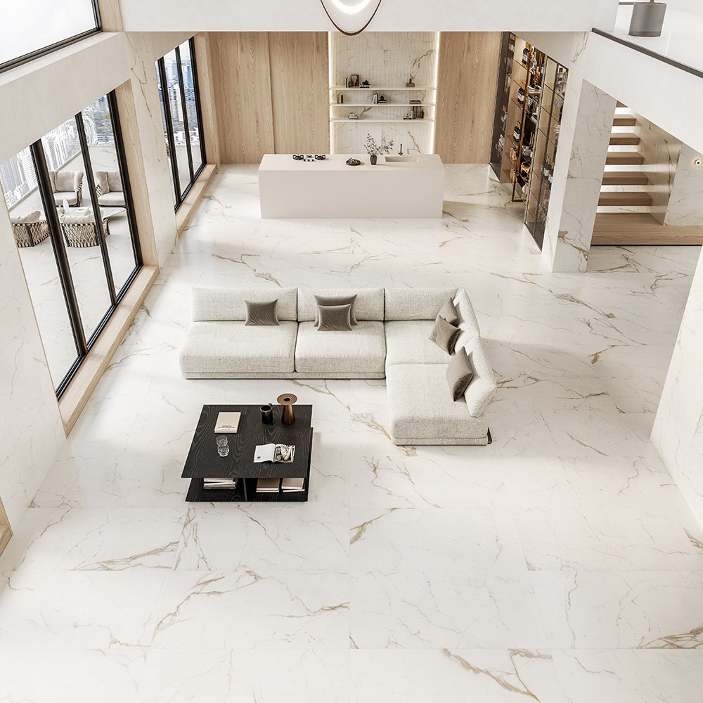 A marble tile, white in color to suit Bathroom, Kitchen/Laundry, Living