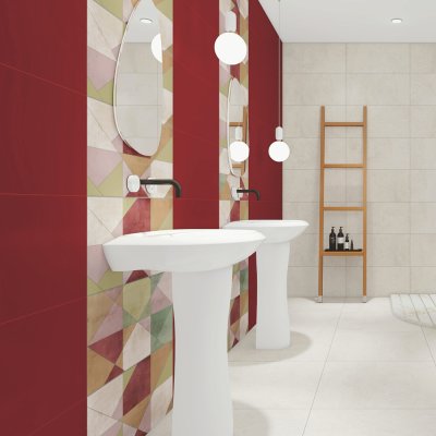 A bathroom scene, beautifully tiled with stunning Red Subway and Hexagon tiles