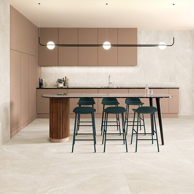 A kitchen scene, beautifully tiled with stunning beige SurfactTec, Matt, Lappato tiles