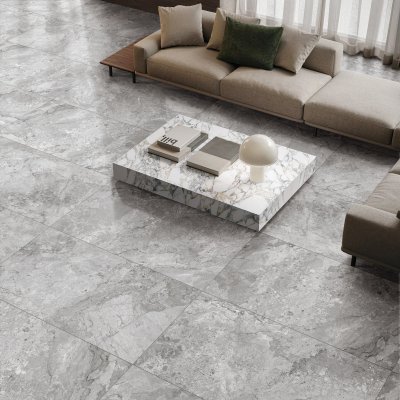 A living room scene, beautifully tiled with stunning Dreamy Grey tiles