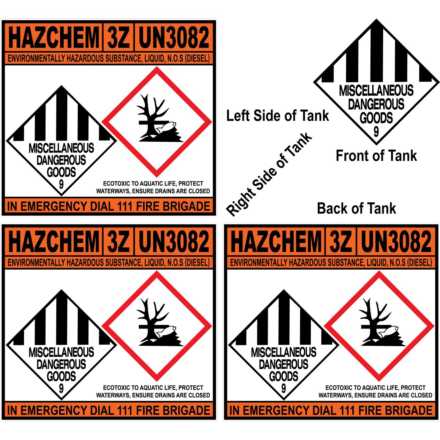 Hazchem 3Z UN3082 Diesel Tank Stickers Set of 4