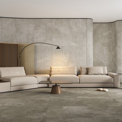 A living room scene, beautifully tiled with stunning Cosmic Silver tile