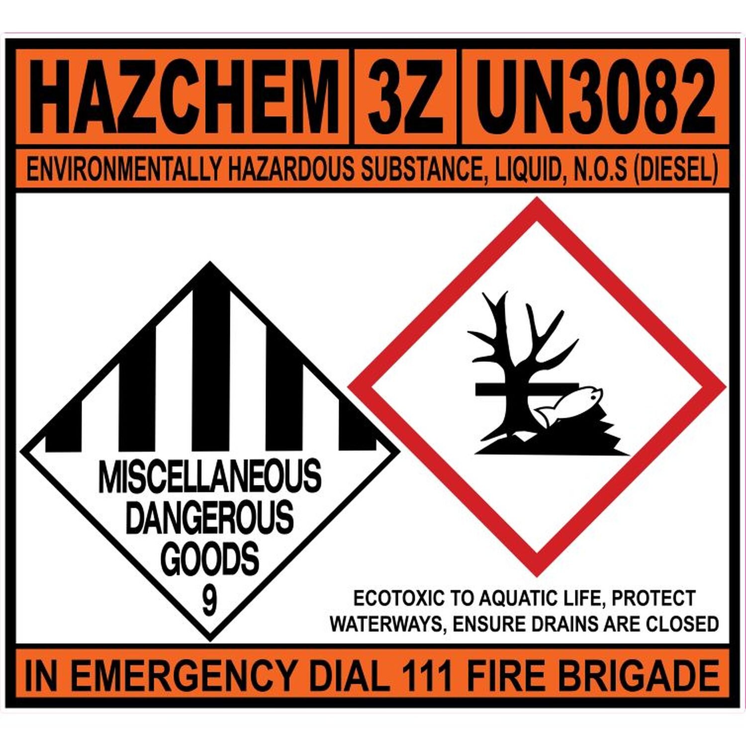 Hazchem 3Z UN3082 NOS Diesel SAV-680x620mm