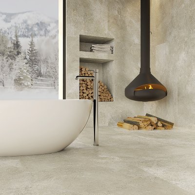 A bathroom scene, beautifully tiled with stunning Cosmic Ivory tile