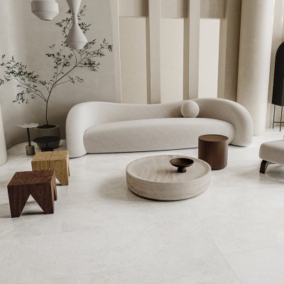 A living room scene, beautifully tiled with stunning Cosmic Chalk tiles