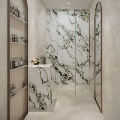 A Marble tile, endless vein white with jade in colour to suit Bathroom, Kitchen/Laundry, Living, Splashbacks.