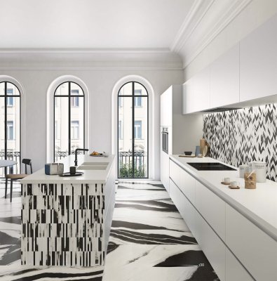 A marble tile, White/Black in color to suit Bathroom, Living, Kitchen/Laundry, Splashbacks