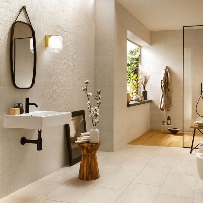 A stone tile, Beige in color to suit Bathroom, Living, Kitchen/Laundry, Outdoor, Splashbacks