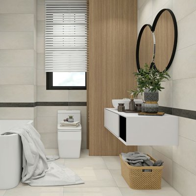 A Bathroom scene, beautifully tiled with stunning beige Subway and Hexagon tiles