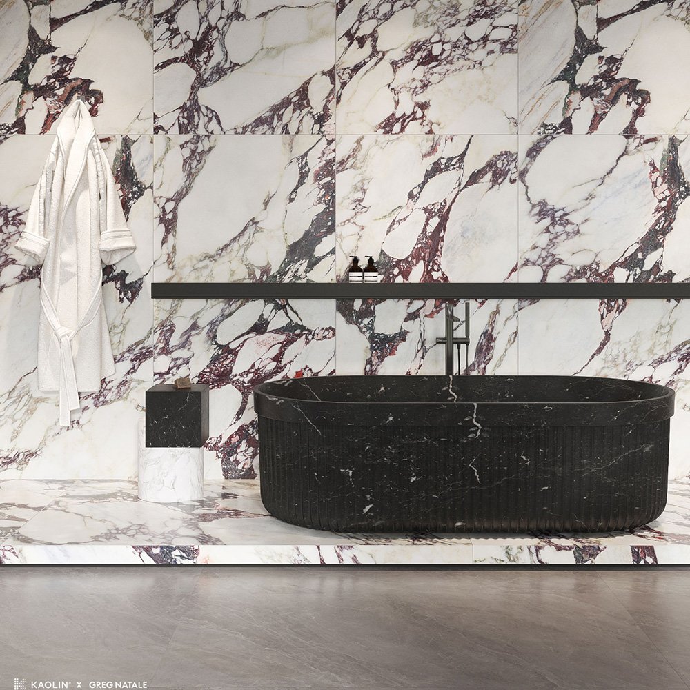 A marble tile, white with violet in color to suit any bathroom space, designed by Greg Natale.