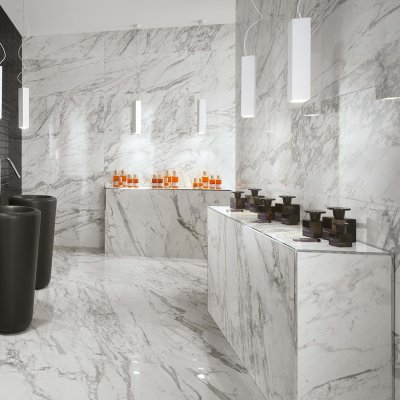 A marble tile, white in color to suit Bathroom, Living, Kitchen/Laundry, Splashbacks