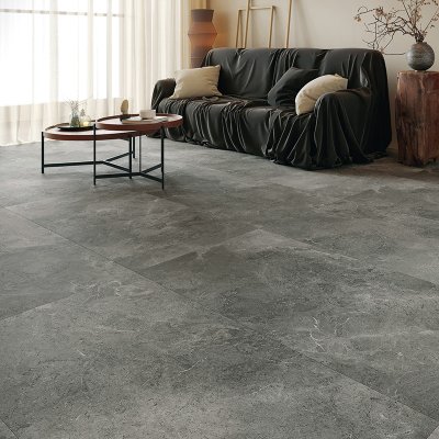 A living room scene, beautifully tiled with stunning Cosmic Smoke tiles