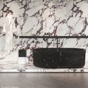 A marble tile, white with violet in color to suit any bathroom space, designed by Greg Natale.