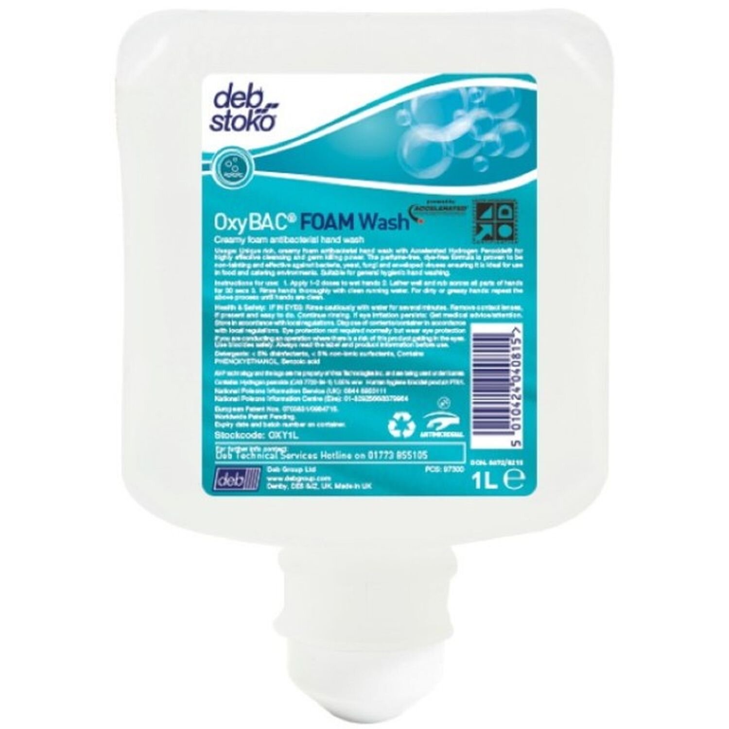 OxyBAC Antibacterial Foam Hand Wash Fragrance Free Catridge 1L
