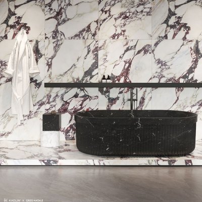 A marble tile, white with violet in color to suit any bathroom space, designed by Greg Natale.