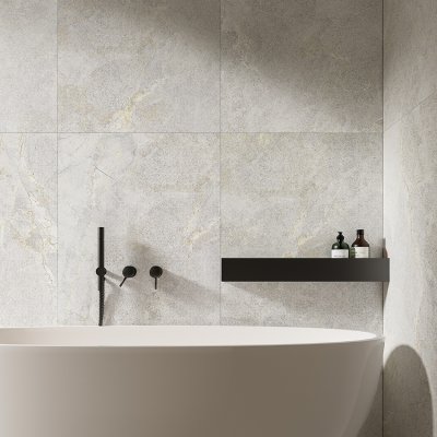 A bathroom scene, beautifully tiled with stunning White External Paver SurfaceTec tiles
